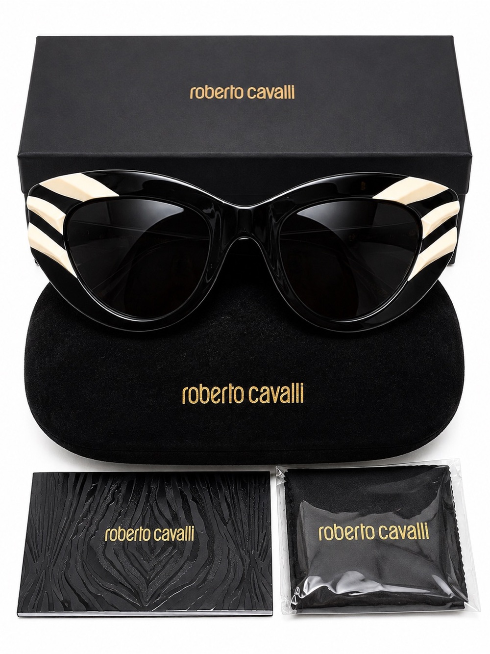 Roberto Cavalli SRC009V 700Y Black Ivory Cat-Eye Sunglasses 51mm Complete Set
